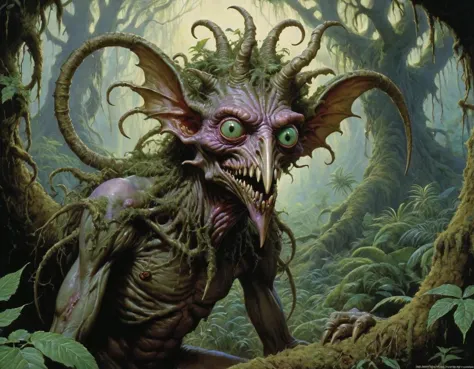 a close up of a creature with a large head in a forest