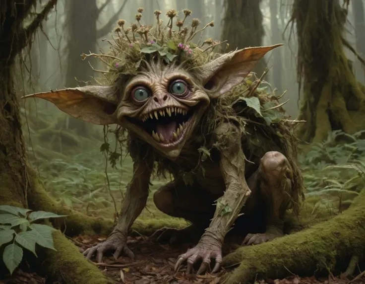 a close up of a troll in a forest with a crown on his head