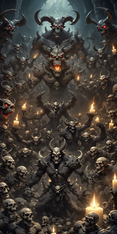 a large group of skulls and demons surrounded by candles