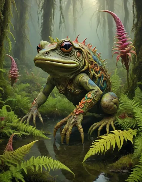 painting of a frog in a forest with ferns and ferns