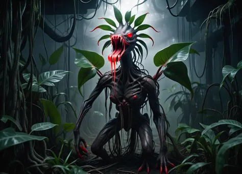 a close up of a creepy creature in a jungle with plants