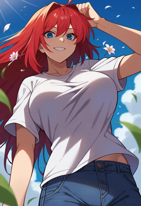 a close up of a person with red hair and a white shirt