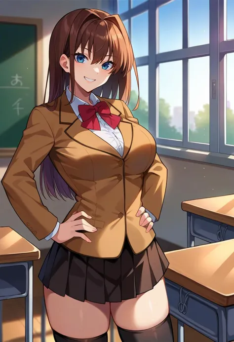 score_9, score_8_up, source_anime  BREAK solo, 1girl, looking at viewer, cowboy shot,
<lora:AozakiPdxlDwnsty-000008:1>, aozakischool, blue eyes, brown hair, hair intakes, school uniform, black skirt, blazer, brown jacket, red bowtie, white shirt, kneehighs, 
curvy, large breasts, smile, hands on own hips, 
indoors, school, classroom, window, desk,