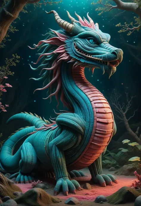 a painting of a dragon sitting in the middle of a forest