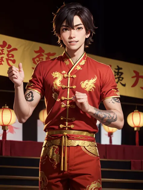 arafed asian man in red and gold outfit with a sword