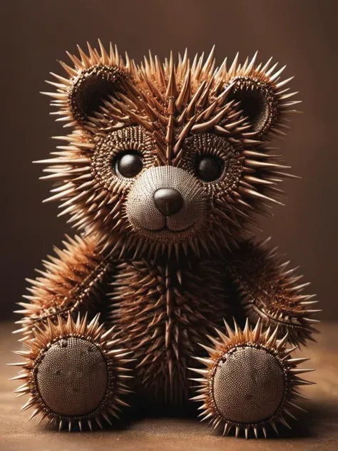 plan produit d'un ours en peluche mignon, câlin, adorable et moelleux recouvert de pliures (rouillery:1.2) et des pointes ral-croisées, rouiller,  ombres profondes, lumière dramatique, composition parfaite, bokeh, 