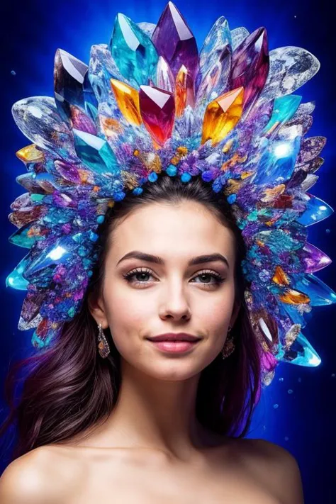 a woman wearing a colorful headdress with crystals on it