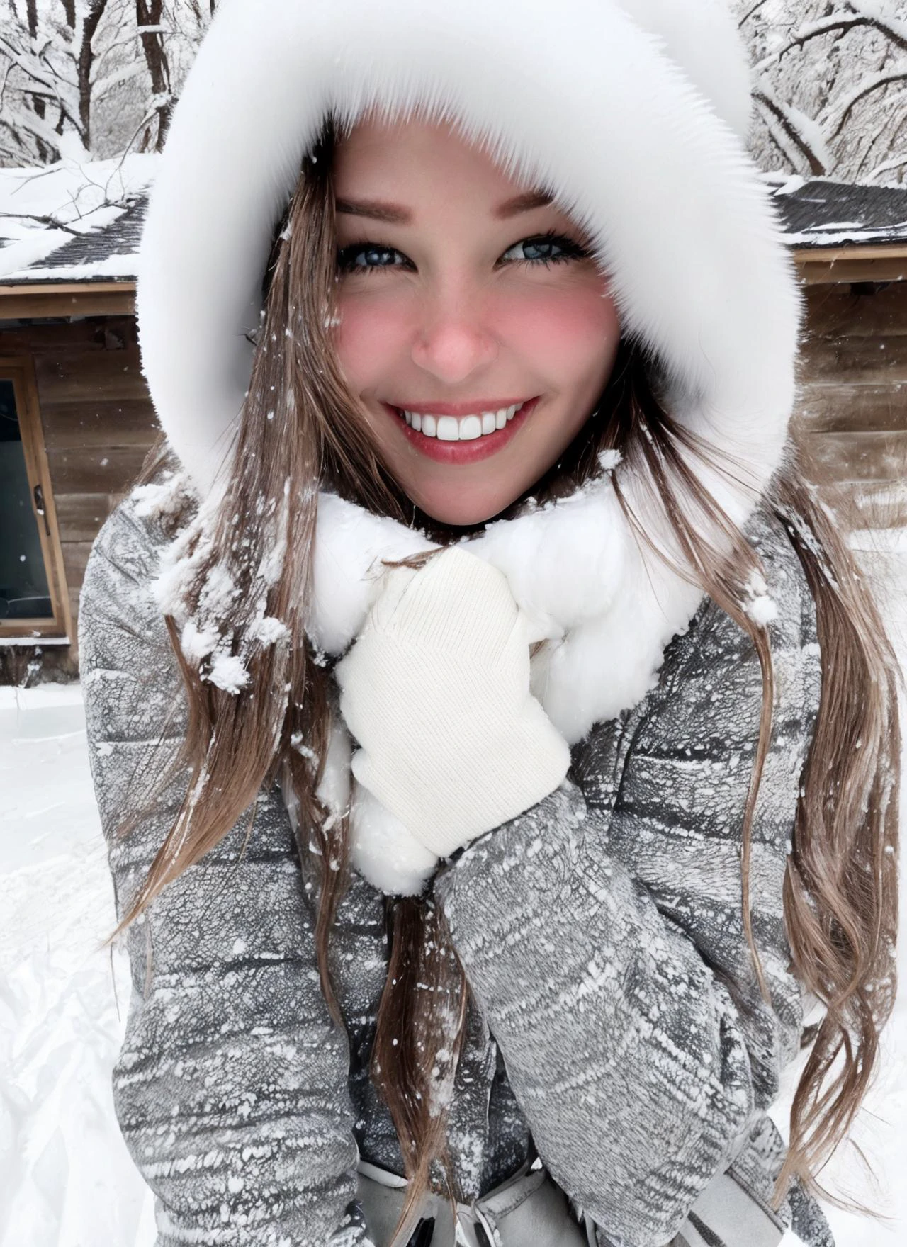 Beldel, photograph of a woman standing outside, winter, (snow:1.2