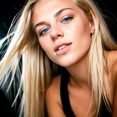 RAW photo, (extreme close up:1.2) portrait photo of an 18yo blond woman with perfect face, perfect teeth, perfect blue eyes, long hair, bracelets, sweaty, lustful, erotic, sweaty, natural skin, shadow, darkness, dark room, photo taken with flash, nightclub...