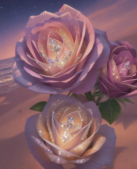 purple roses with sparkling crystals are on a beach at night