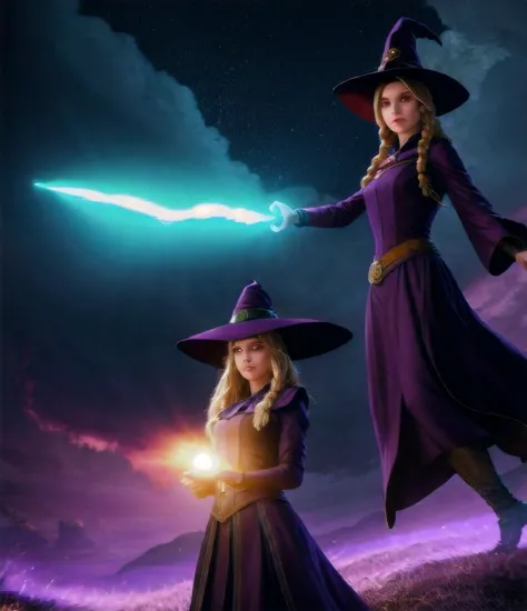 two women dressed in witches costumes holding a glowing wand