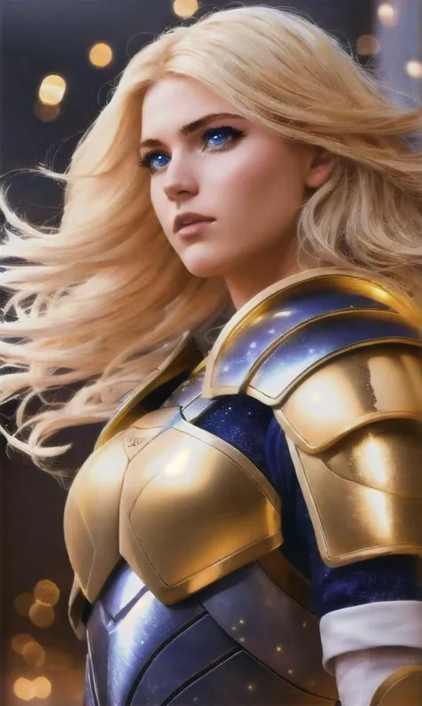 a woman in armor with blue eyes and blonde hair