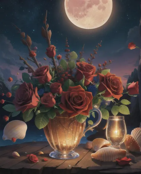 Splash, flowers roses , shells, fantasy, sky night , moon, photo, HD, 8K , realistic, HD, intricate, 8k, highly detailed,fun, sharp focus,