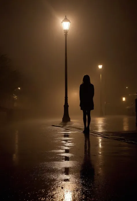 arafed woman walking in the rain at night with a street light