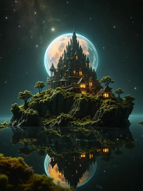 a castle on a small island with a full moon in the background