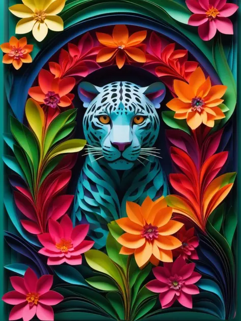 a paper cut tiger surrounded by flowers and leaves