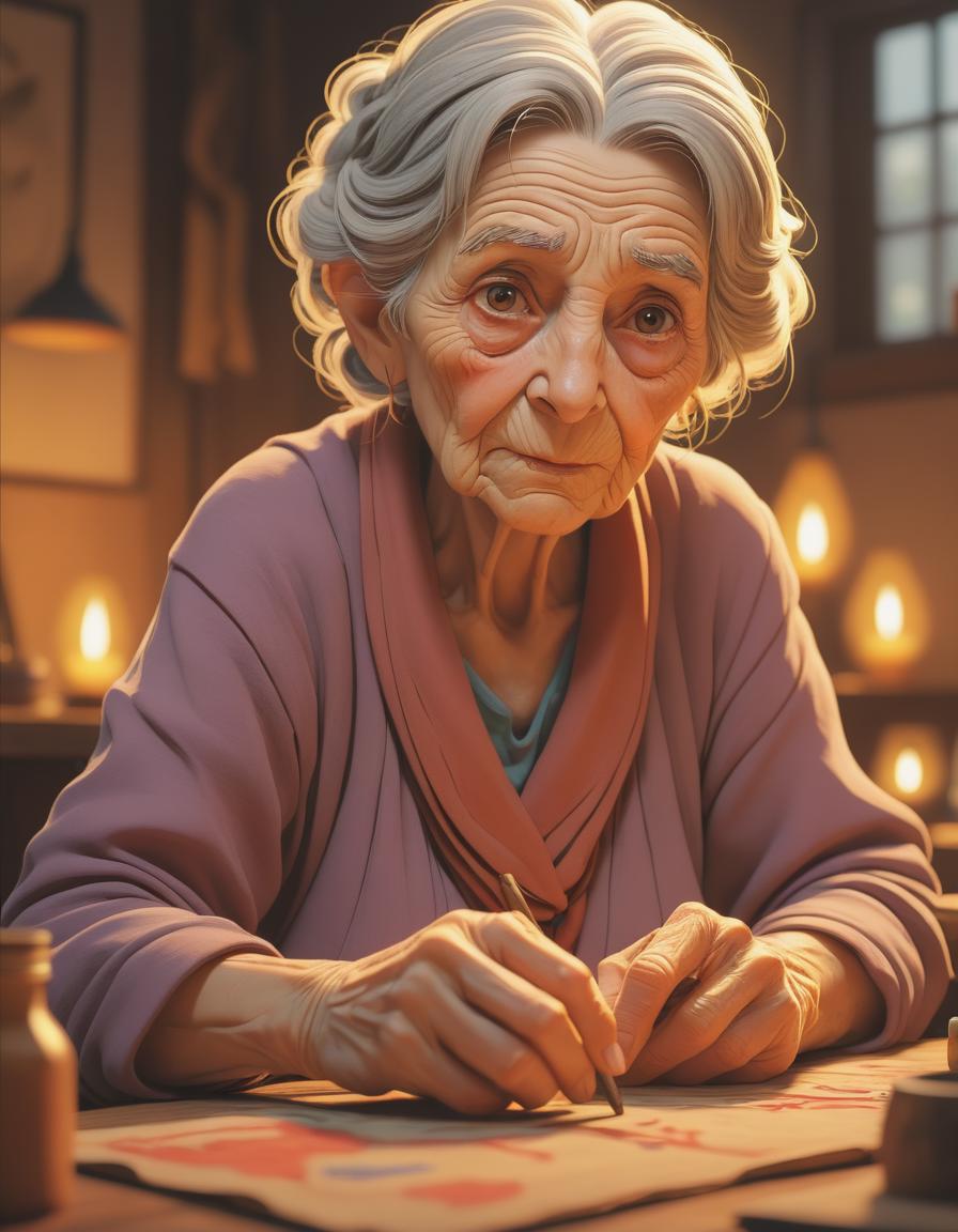 An old woman sitting at a table with a candle and a piece of paper - SeaArt  AI