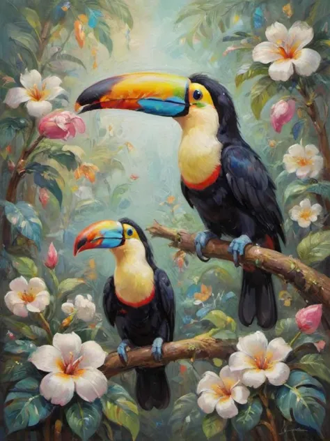 mysterious, toucan, Within a shimmering sanctuary, a garden of jewels blooms, its iridescent blossoms sparkling with ethereal be...