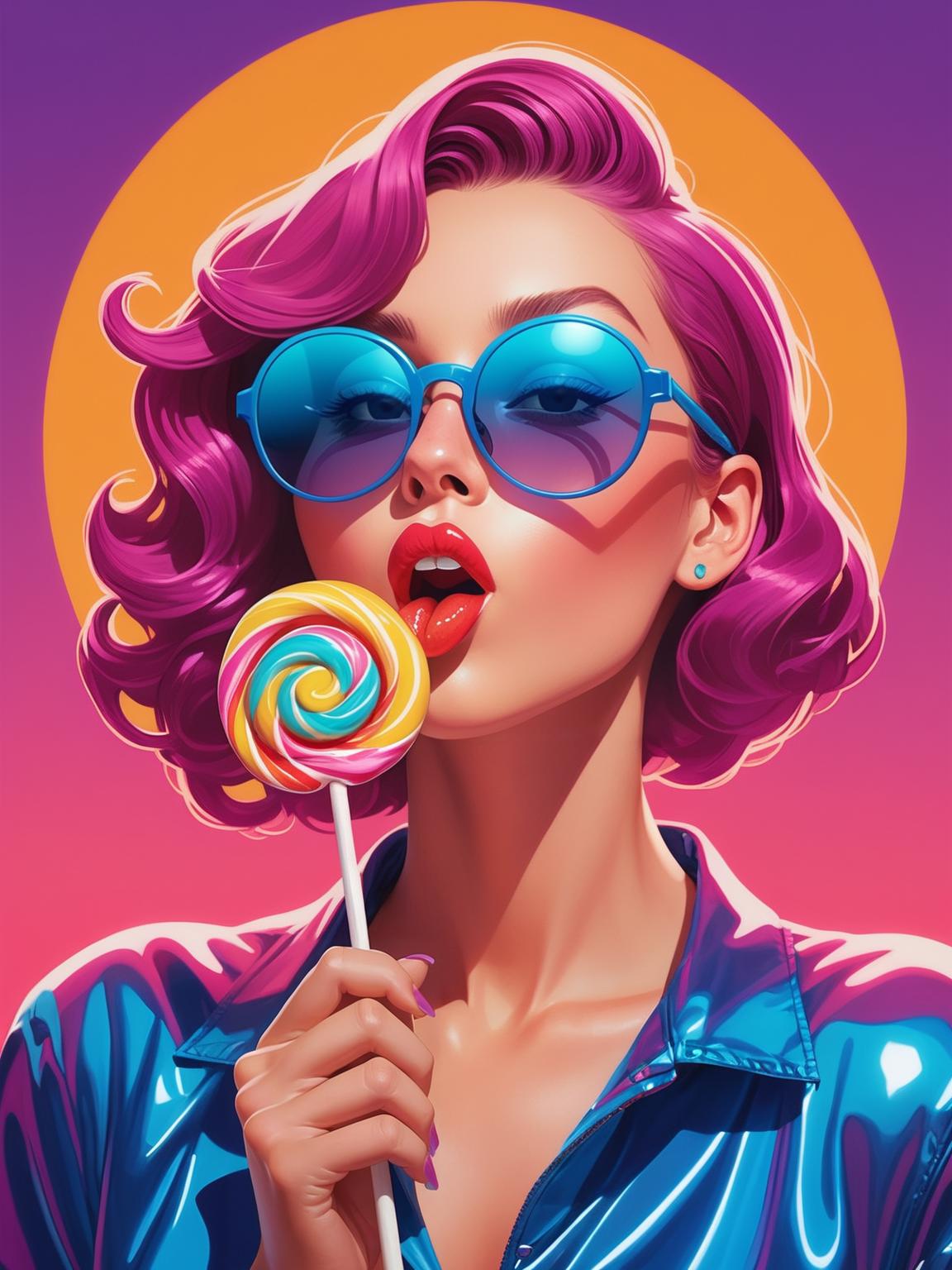 A woman with purple hair and sunglasses holding a lollipop - SeaArt AI