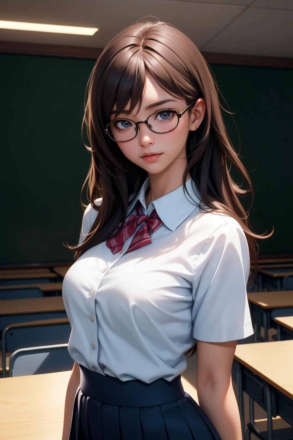 25 years old woman(glasses eyes), milf, ((at classroom)), ((school uniform)), RAW photo, (photorealistic:1.37, realistic), highly detailed CG unified 8K wallpapers, 1girl, ((perfect body:1.1)), (medium breasts:1.2) , looking at viewer, (((straight from front))), (HQ skin:1.2, shiny skin), 8k uhd, dslr, soft lighting, high quality, film grain, Fujifilm XT3, ((full body:0.8)), (professional lighting:1.4)