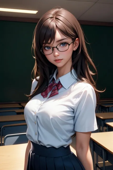 25 years old woman(glasses eyes), milf, ((at classroom)), ((school uniform)), RAW photo, (photorealistic:1.37, realistic), highl...