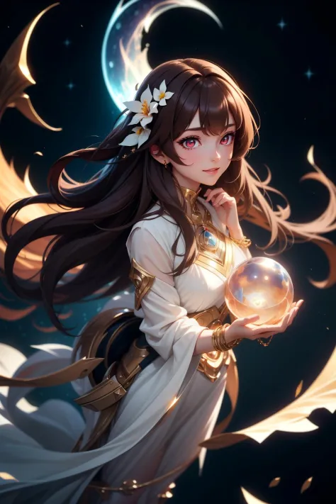 (simple hands:0.5)+(detailed hands:0.7), (masterwork), (best quality), brown hair, flower-shaped pupils,1girl, beautiful woman, pale skin, eyelashes, bracelet, jewelry, smile, gleaming skin, shiny hair, detailed and majestic stage, Fantasy, twin tail, long hair, night sky, Incredibly detailed CG illustration masterpiece, looking at you, anime, beautiful anime eyes, beautiful detailed eyes, eyes, glittering eyes, red eyes, galaxy, nebula, (full body)