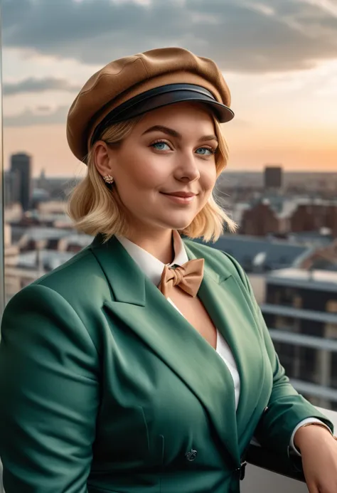 (medium full shot) of (stylish dapper young gentlewoman, full-figured build, short blonde hair), german, tan skin, blue eyes, we...