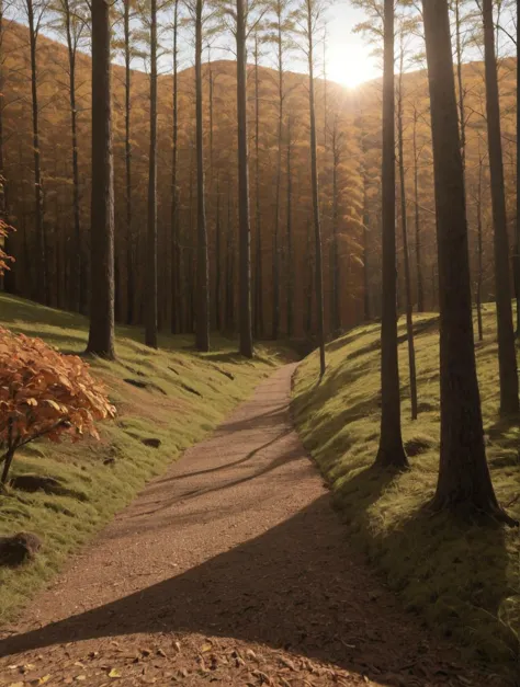 photograph, a winding Hiking trail in the dense hilly forest with leaves and the sun shining, (shadows:1.2), dramatic autumn lan...