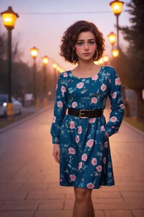 ((zPDXL), source_realistic),Midshot, woman, dusk setting, outdoor, floral dress, black belt, standing, bokeh background, street lights, tree-lined pathway, medium shot, contemplative expression, curly hair, natural makeup, hoop earrings, hand in pocket, warm color tone, blurred background, shallow depth of field, fashionable attire, young adult, dusk lighting