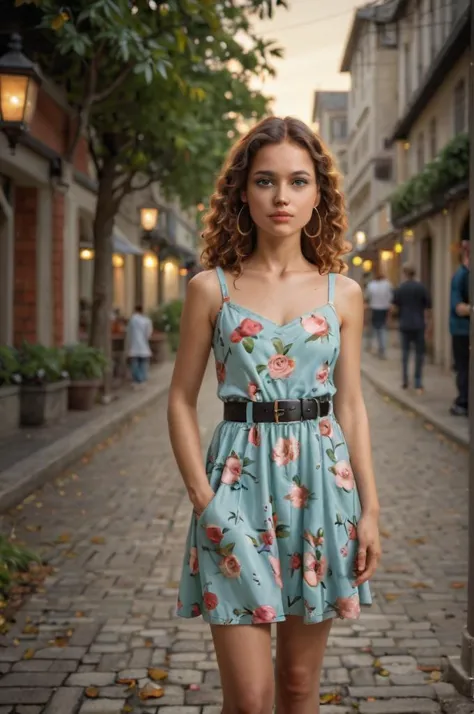 a woman in a dress standing on a brick street with a lamp