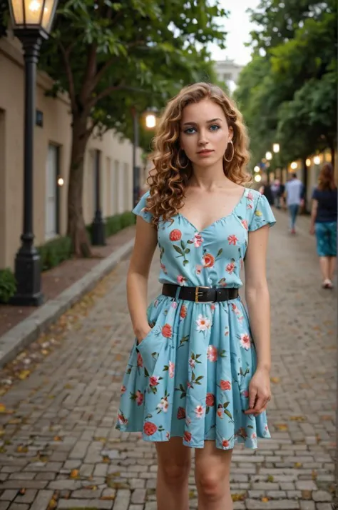 (photo),Midshot, young woman, dusk setting, outdoor, floral dress, black belt, standing, background, street lights, tree-lined p...