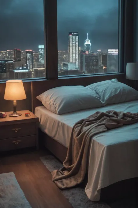 ((zPDXL), source_realistic), moody aesthetic, beautiful cozy, cramped bedroom with floor to ceiling glass windows overlooking a cyberpunk city at night, view from top of skyscraper, white bedsheets, bookshelves, thunderstorm outside with torrential rain, detailed, high resolution, photorrealistic, dark, gloomy,