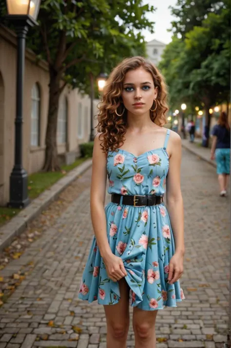 a woman in a blue dress standing on a brick road