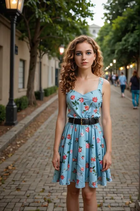 (photo),Midshot, young woman, dusk setting, outdoor, floral dress, black belt, standing, background, street lights, tree-lined p...