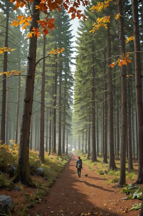 ((zPDXL), source_realistic), photo of a winding Hiking trail in the dense hilly forest with leaves and the sun shining, (shadows:1.2), dramatic autumn landscape, woods, take off, peace, rich cold moody colours, hi resolution,