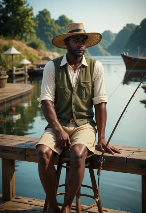 source_realistic photograph, (score_9, score_8_up, score_7_up, score_6_up), middle aged african man, wearing a fishing hat and f...