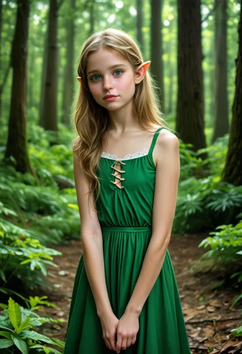 a close up of a young girl in a green dress in a forest