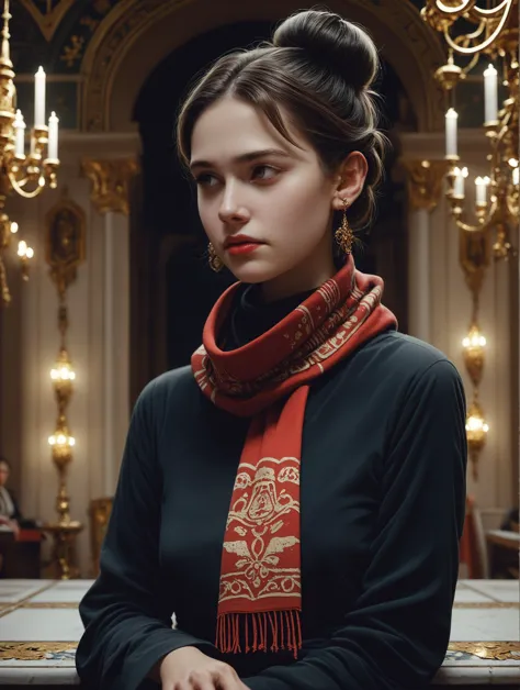 a woman in a black shirt and red scarf standing in a room