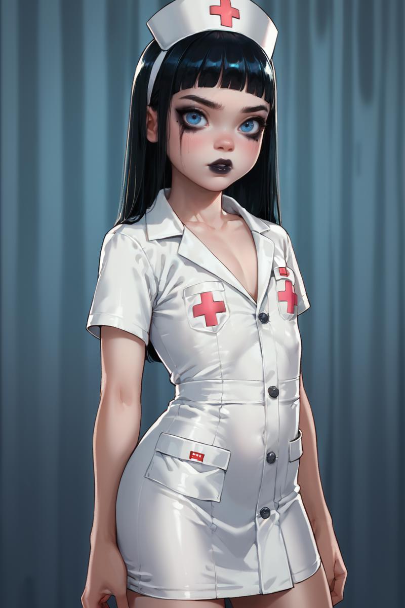 A cartoon nurse with a black nose and a white uniform - SeaArt AI