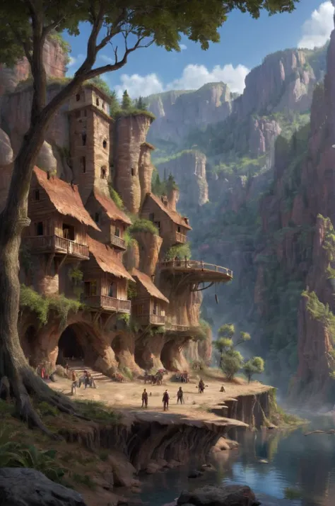 (source_realistic), deep valley, Canyon , river, Living town, small Tree houses, (Crowds of people), objects