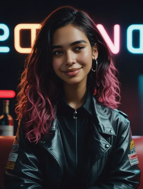 score_9,score_8_up,score_7_up,score_6_up,portrait,rating_safe,latina,woman(Vanessa),cute face,looking away,sitting,damp hair,black jacket,studs jacket,earings,big lips,looking away,soft smile,resting hands,<lora:is_pretty:1>,is pretty,<lora:detailed_notrigger:1>,red room,glowing haze,neon lights,background with wine and beverages,