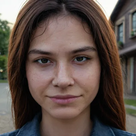 a close up of a woman with a blue shirt and a brown hair