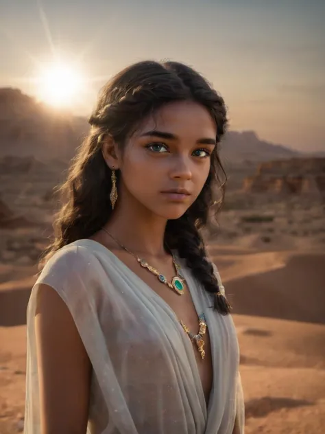 (photograph), young arabian dark eyed woman looking over shoulder at viewer, tiny transparent shawl, ((braided:0.8) sunkissed hair, windy)), (cinematic color grading:1.2), (turquoise and silver jewelry), large statement amulet, epic, perfect female face, realism, Beautiful desert dusk, light leak, lens flare, aesthetic, realism, masterpiece, studio quality, warm Cinematic lighting, dust particles, sharp focus, light particles , backlit, dark moody lighting