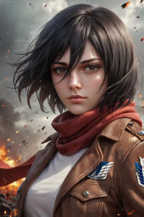 (source_realistic), 1girl, solo, looking at viewer, short hair, bangs, shirt, black hair, hair between eyes, brown eyes, closed mouth, jacket, white shirt, upper body, artist name, scarf, open jacket, lips, wind, portrait, red scarf, brown jacket, nose, emblem, paradis military uniform, embers, survey corps (emblem), mikasa ackerman, sparkle