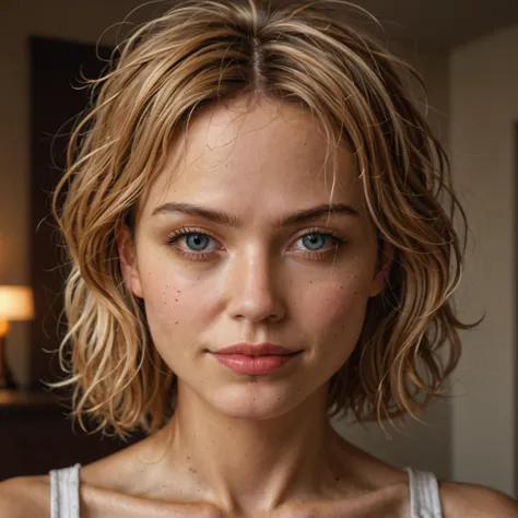 a close up of a woman with a very short haircut