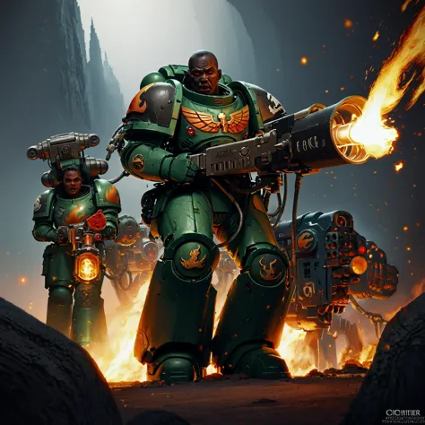 score_9, score_8_up, score_7_up, score_6_up, BREAK, a warrior in power armor with a flamethrower, flames, fire, shouting, slmndr, space marine, armor, weapon, science fiction, black skin, red eyes, face focus