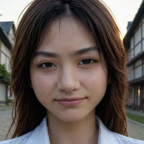 beautiful 18yo japanese woman , close up, shadows, perfect face,nighttime,dark photo,grainy,dimly lit,seductive smirk,harsh camera flash, grainy, highly detailed, (freckles:0.3), (skintexture), (background town), bokeh, (snub nose)