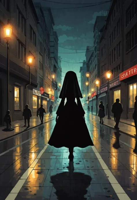 (source_anime), Horror-themed, Gothic, a celestial Taiwanese woman wearing a flowing black dress and a dramatic black veil is walking through a bustling city street, her pale face and melancholic expression contrasting with the vibrant lights and crowds around her, vivid colors, stunning background. warm and bright sunlight, a mesmerizing blend of light and shadow. masterpiece, absurdres, intricate details, Eerie, unsettling, dark, , suspenseful, grim, highly detailed