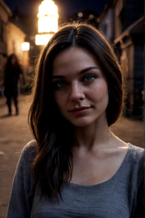 a close up of a woman standing in a street at night