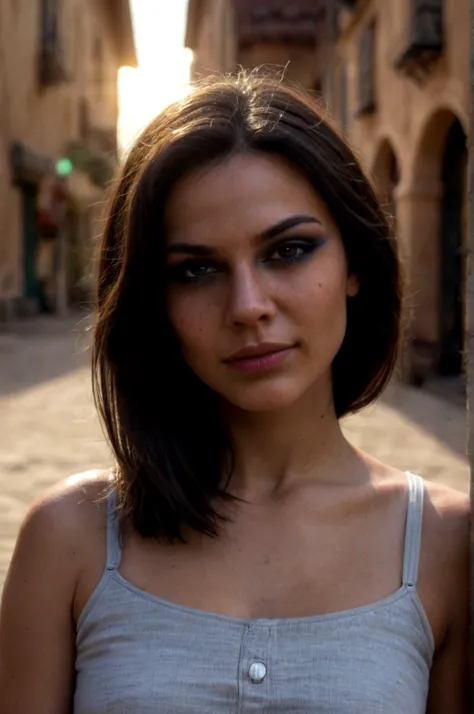 a close up of a woman standing in a narrow alleyway